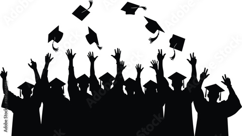 Group of students in graduation gowns throwing caps in the air celebrating academic achievement and success