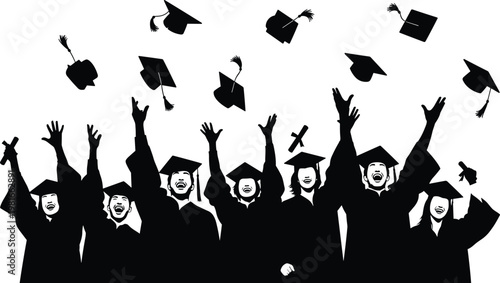 Happy graduates throwing mortarboards in the air celebrating their academic success and university graduation