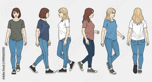 Diverse Group of Women in Casual Outfits Walking Together.