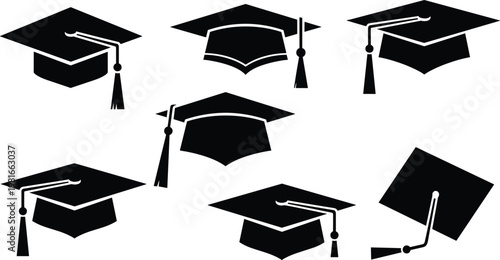 Group of diverse graduation caps with tassels, representing academic achievement, higher education, and the completion of studies.