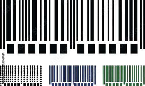 Barcode graphics present multicolor line arrays and dot grids used for diverse asset management and tracking solutions.