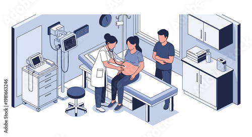 Isometric illustration of a female doctor using a stethoscope to examine a pregnant woman in a modern clinic with a male partner.
