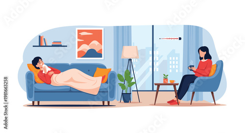 Sick person resting under a warm blanket on a sofa while a caring friend or family member sits nearby with a hot drink in a cozy living room.