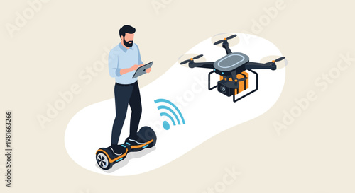 Modern delivery concept with a man on a self-balancing hoverboard controlling a cargo drone with a tablet in a minimalist digital space.