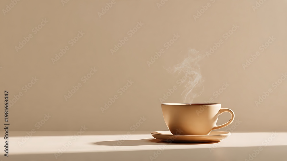Fototapeta premium Steaming coffee cup with warm light on a saucer casting shadow