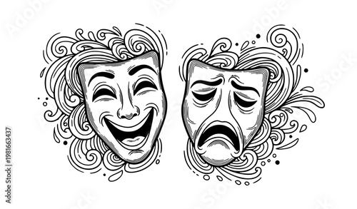 Stylized theater masks doodle vector illustration