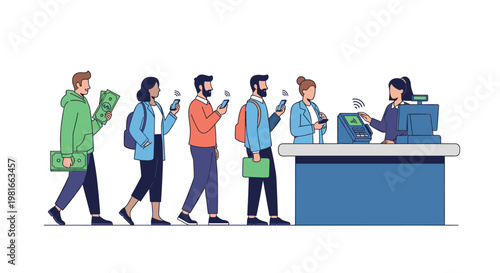 People standing in a queue at a retail store checkout to pay for their purchases using contactless mobile payment technology and smartphones.