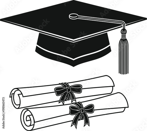 Graduation cap and two diploma scrolls tied with bows, representing academic success, higher education, and the attainment of degrees, in a black and white vector.