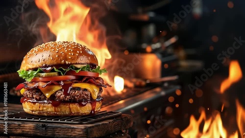 Delicious gourmet beef burger with melting cheese, fresh lettuce, and tomatoes on wooden board against dramatic background of bright orange flames and sparks from charcoal grill kitchen.