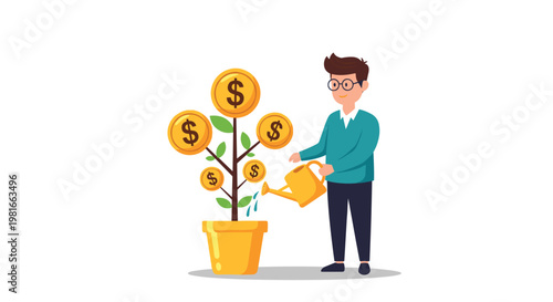 Smart investment and financial growth concept showing a man in glasses watering a money tree with large gold dollar coins in a ceramic pot.