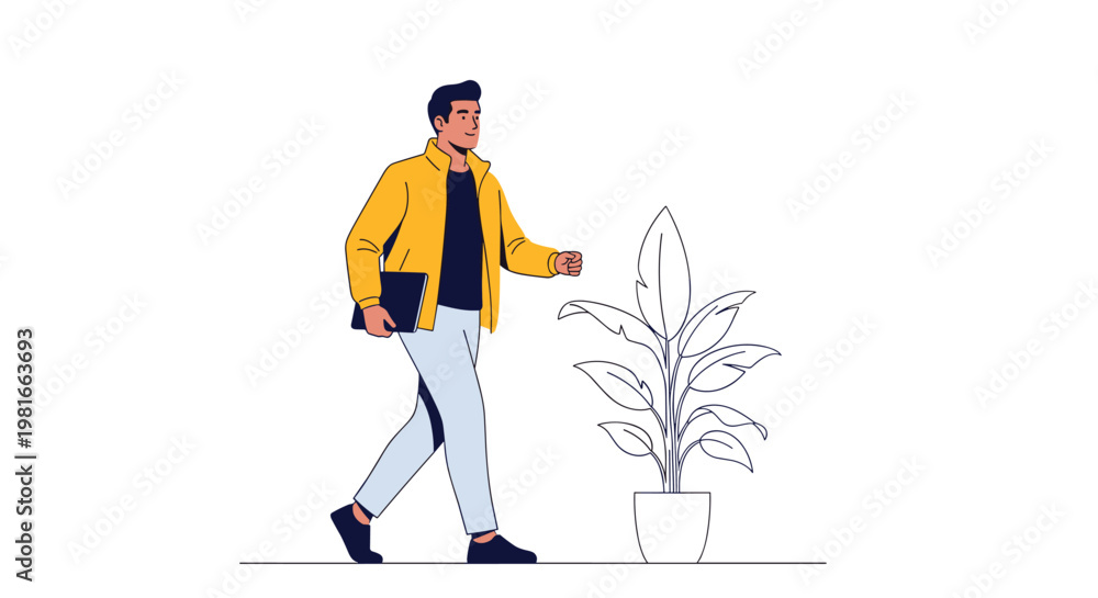 Fototapeta premium Young male professional in a yellow jacket carrying a laptop while walking through a bright modern office space past a large indoor plant.
