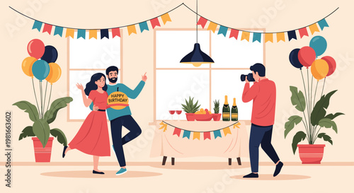Professional photographer taking a picture of a happy couple celebrating a birthday in a decorated room with balloons and party garlands.