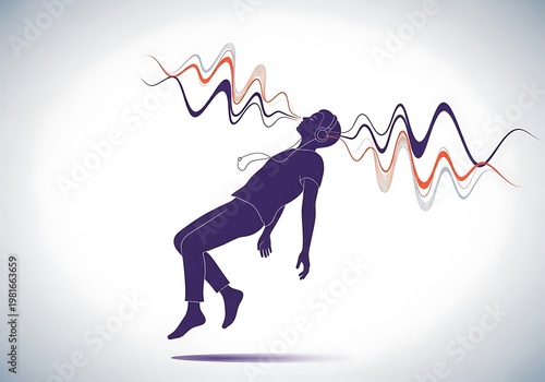 Abstract Silhouette Person Levitating with Colorful Wave Lines