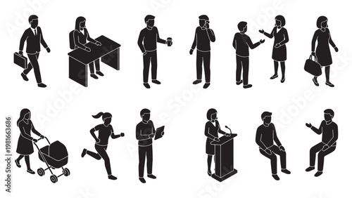 Isometric human silhouette icon set for architectural plans, infographics, and urban design projects showing diverse activities and poses