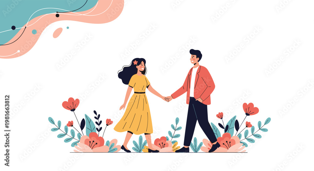 Obraz premium Romantic couple holding hands and walking through a beautiful field of colorful flowers under a decorative abstract background element.