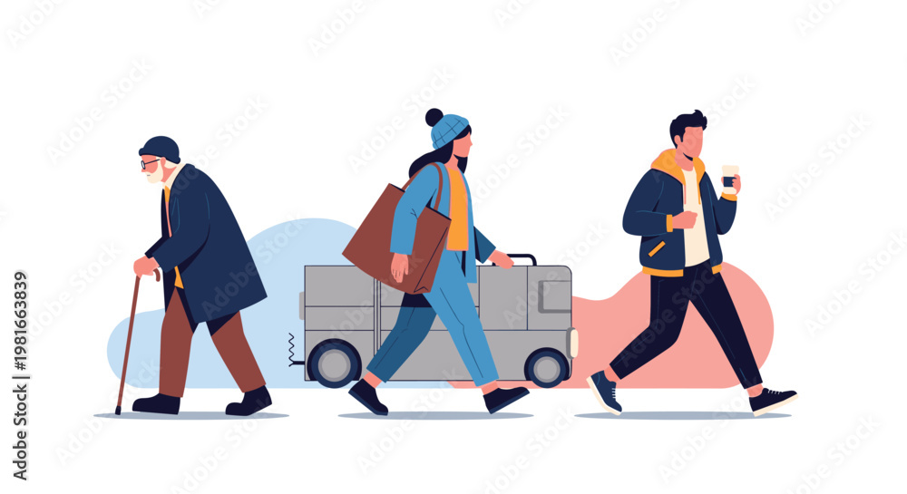 Fototapeta premium Urban scene featuring three distinct characters including an old man with a cane, a woman with a suitcase, and a young man with coffee.