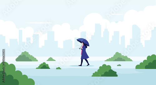 Person walking with a blue umbrella through a city park during a rainy day with a cityscape and clouds in the soft background.