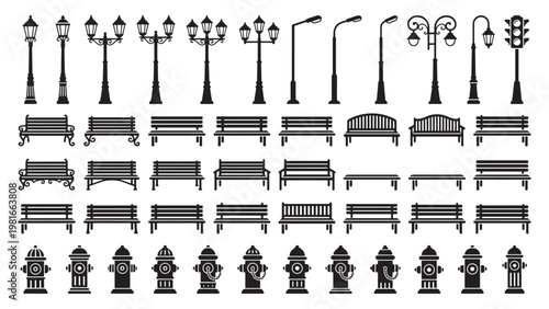 Street furniture silhouette set including lampposts, park benches, and fire hydrants for urban planning and landscape architecture