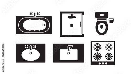 Bathroom and kitchen fixture top view icon set for interior architecture blueprints, floor plan design, and home renovation layouts