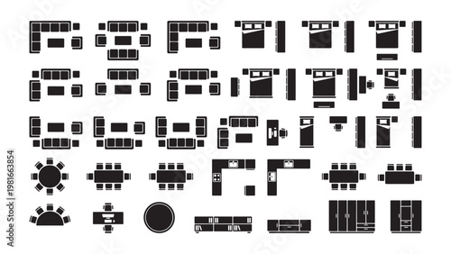  Comprehensive furniture floor plan silhouette icon set for interior design, architectural blueprints, and residential space planning