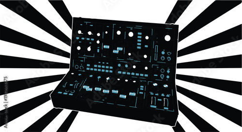 Synthesizer equipment stands prominently against a striking sunburst background to highlight professional audio production and the technical precision required for modern electronic music composition.
