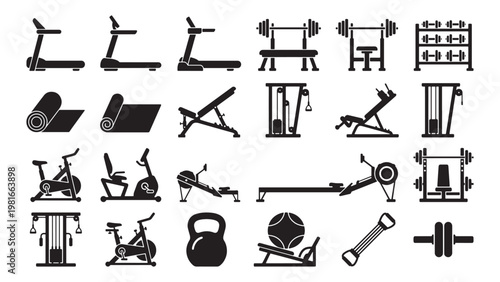 Gym and fitness equipment silhouette icon set for health club design, workout app interfaces, and sports facility planning layouts