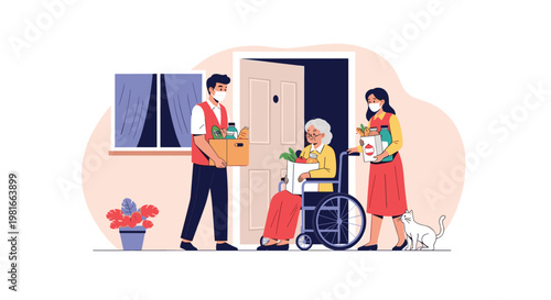 Delivery workers wearing face masks bringing boxes of fresh groceries to an elderly woman in a wheelchair at her home during a pandemic.