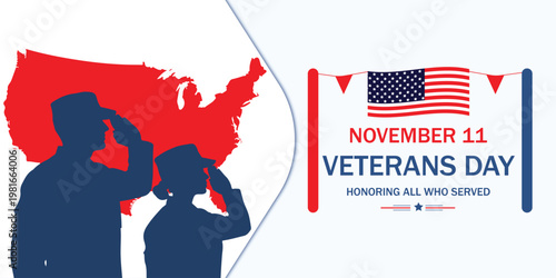 Veterans day graphic with saluting silhouettes and american flag on white background