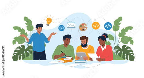 Creative coworkers collaborating on a project around a desk with floating icons representing lightbulbs, coding, design, and email marketing.