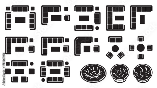  Top view sofa and seating arrangement floor plan icons for interior architecture, living space design, and furniture layout planning