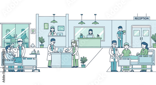 Hospital scene with doctors, nurses, patients, and reception desk in minimalist illustration style.