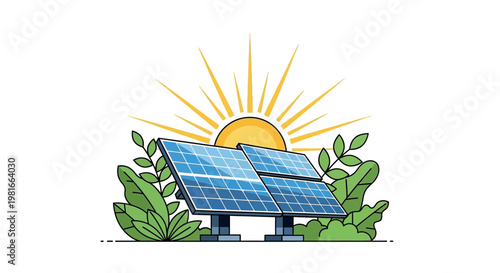 A cartoon illustration of solar panels in a lush green environment with a bright sun shining behind them.