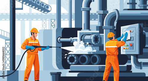 Factory workers cleaning industrial machinery with pressure washer and cloths.