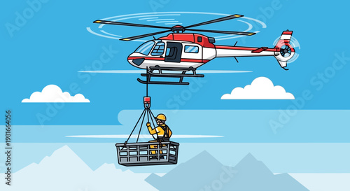 Helicopter airlift lifting cargo basket with person in sky, aerial transport, safety harness