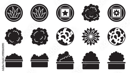 Top view potted plant and decorative planter icons for landscape design plans, interior layouts, and architectural floor plan mapping
