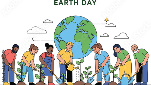 Diverse group of people planting trees and watering seedlings with the Earth globe in the background, celebrating Earth Day.