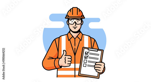 Construction worker with checklist giving thumbs up, safety vest and hard hat