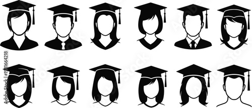Diverse group of stylized graduation cap avatars representing students of various genders and backgrounds, celebrating academic achievement.