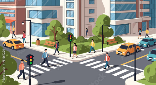 Urban street scene with people crossing at a busy intersection, cars, and buildings.