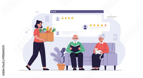 Kind volunteer delivering a box of healthy groceries to an elderly couple in their living room to represent community support and charity.