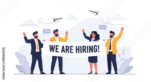 Group of enthusiastic business people holding a we are hiring banner to recruit new employees for their growing corporate team or company.