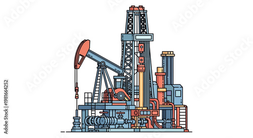 Oil Drilling Rig, Pumpjack, and Refinery Equipment Illustration