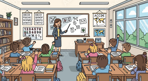 Teacher instructing students in a bright, cheerful classroom with alphabet and numbers on the wall.