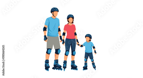 Active family including father, mother, and child wearing protective gear and helmets while rollerblading together on a summer afternoon.