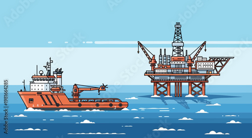 Offshore oil rig and supply vessel in the ocean, industrial maritime scene