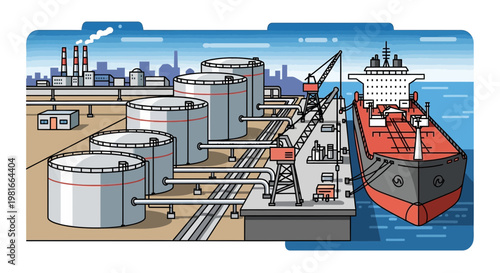 Oil tanker loading at industrial port with storage tanks and refinery