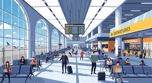 Modern Airport Terminal Interior, Travelers Waiting for Flights, Departures Hall