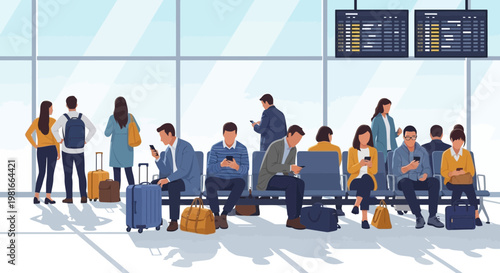 People waiting in airport lounge with luggage, checking phones, travel concept
