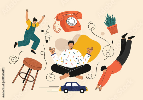 Mindfulness and Mental Health Concept Illustration: Man Meditating Amidst Chaotic Floating Objects for Inner Peace and Work Life Balance