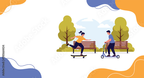 Young people are enjoying active leisure time in a city park by riding a skateboard and a kick scooter near wooden benches.